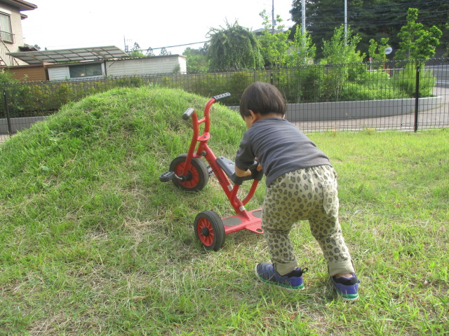 三輪車を押している男児